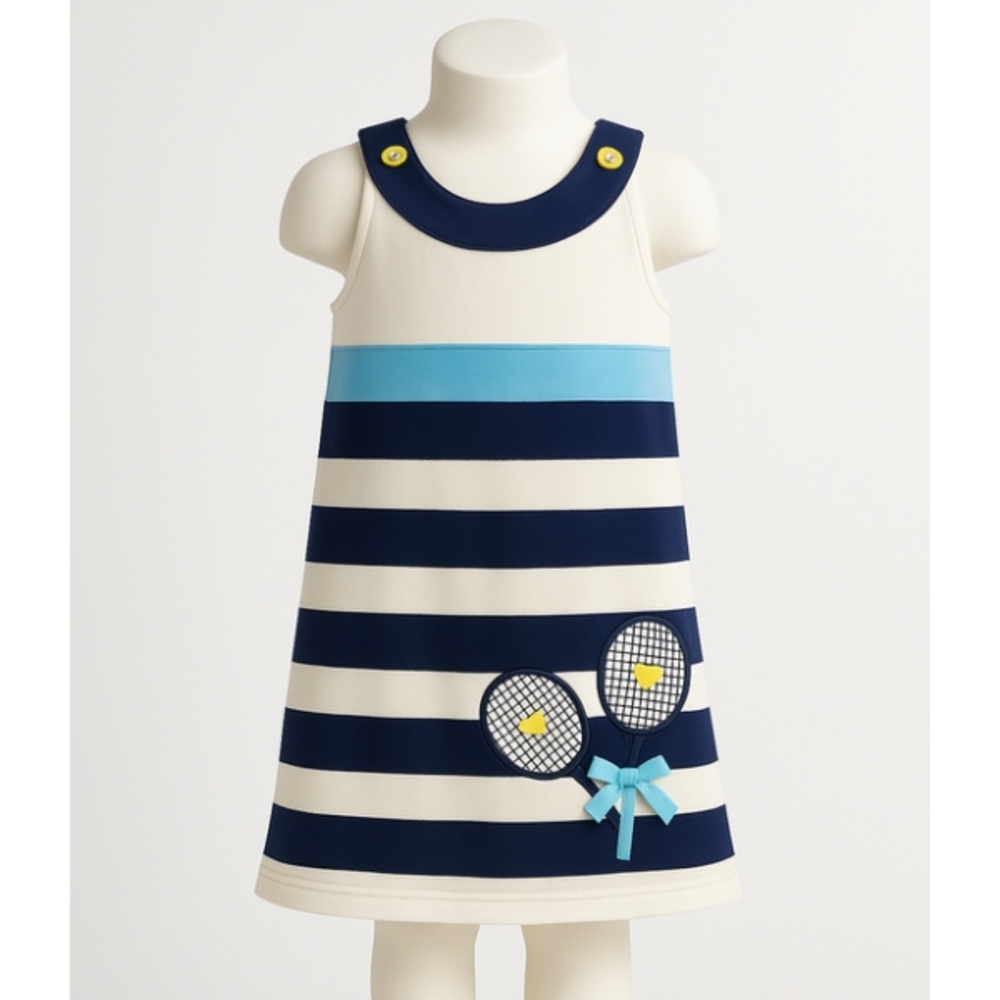 Hartstrings Navy and White Striped Kids Dress, Tennis Design, Sleeveless